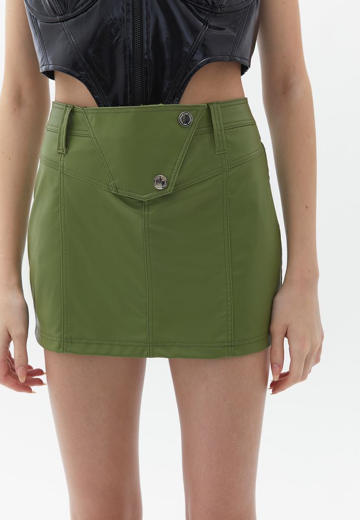 Women Green Vegan Leather Mini Skirt