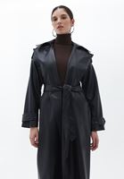 Women Black Vegan Leather Maxi Trenchcoat