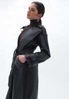 Women Black Vegan Leather Maxi Trenchcoat