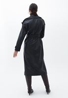 Women Black Vegan Leather Maxi Trenchcoat