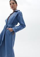 Women Blue Vegan Leather Maxi Trenchcoat