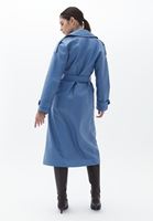 Women Blue Vegan Leather Maxi Trenchcoat