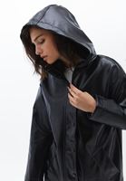 Women Black Hooded Patent Leather Raincoat