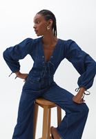 Bayan Mavi Bağlama Detaylı Denim Bluz