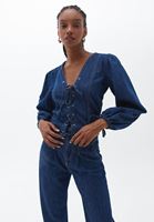 Bayan Mavi Bağlama Detaylı Denim Bluz