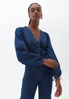 Bayan Mavi Bağlama Detaylı Denim Bluz