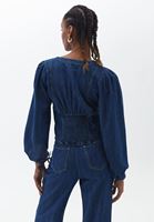 Bayan Mavi Bağlama Detaylı Denim Bluz