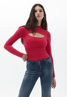 Bayan Pembe Cut-Out Detaylı Uzun Kollu Tişört