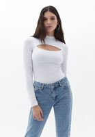 Bayan Beyaz Cut-Out Detaylı Uzun Kollu Tişört