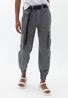 Women Grey Mid Waist Jogger Pants with Belt