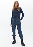 Women Navy Mid Waist Jogger Pants with Belt