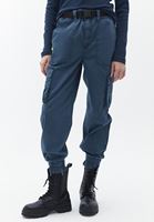 Women Navy Mid Waist Jogger Pants with Belt