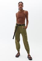 Women Green Mid Waist Jogger Pants with Belt