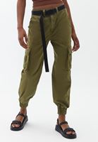 Women Green Mid Waist Jogger Pants with Belt