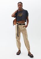 Women Beige Mid Waist Jogger Pants with Belt