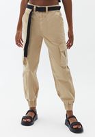 Women Beige Mid Waist Jogger Pants with Belt