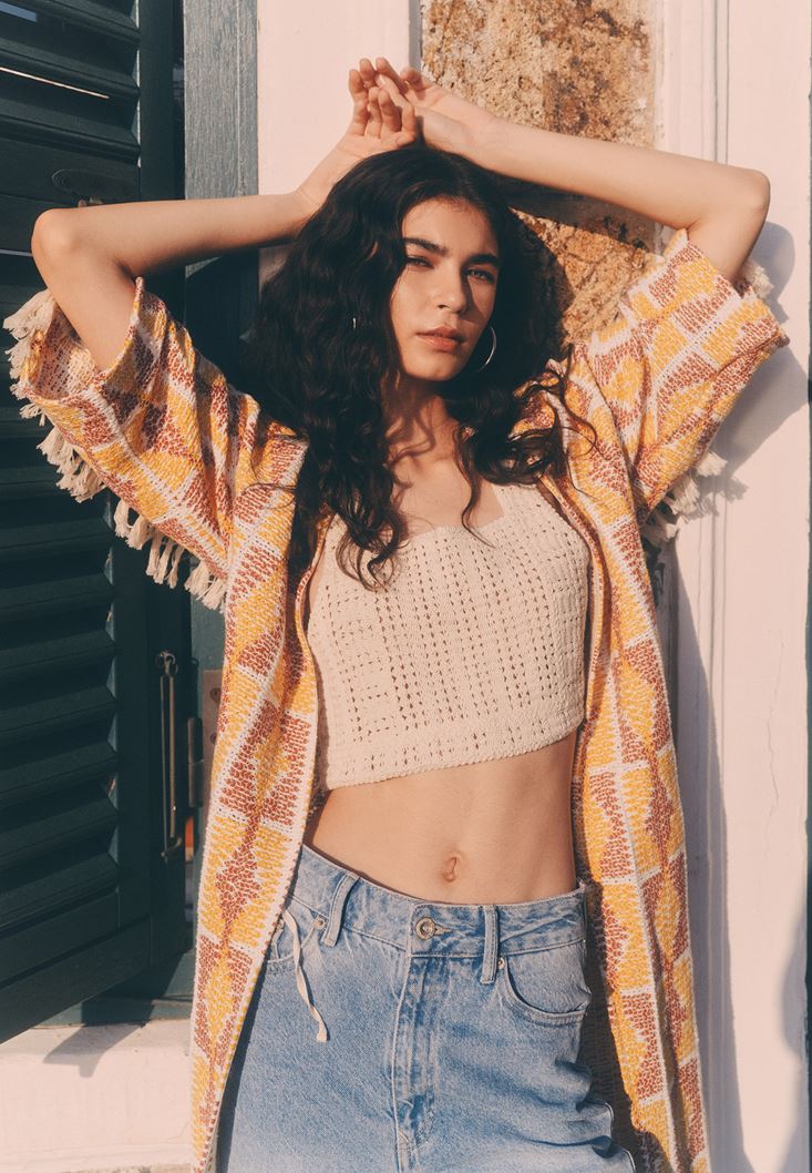 Women Mixed Tassled Cardigan with Slit Detail