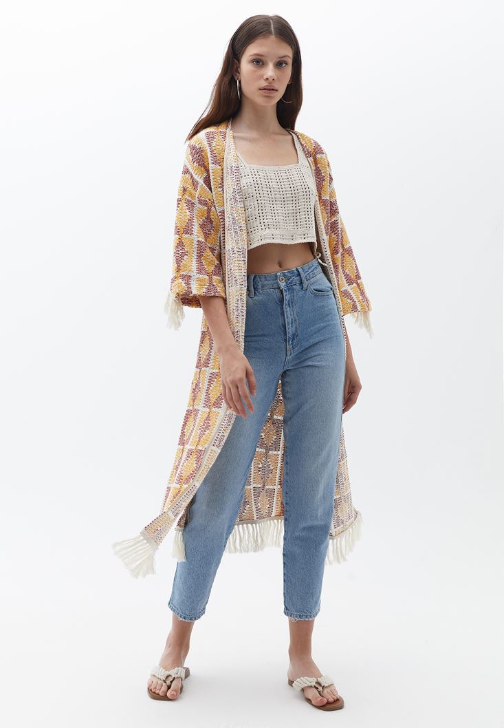 Women Mixed Tassled Cardigan with Slit Detail