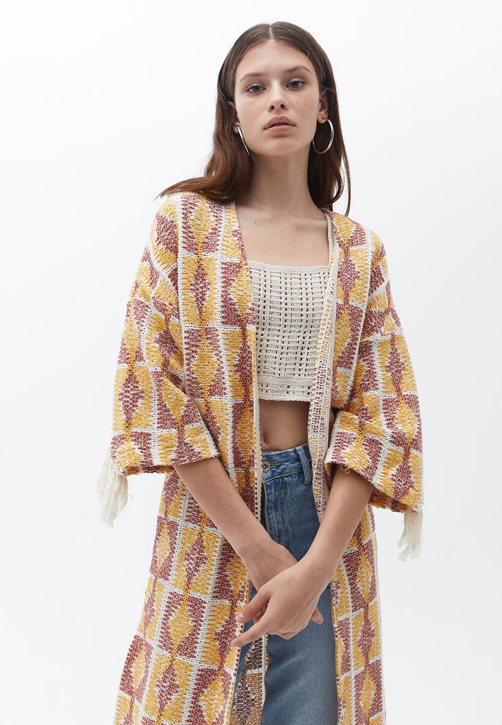 Women Mixed Tassled Cardigan with Slit Detail