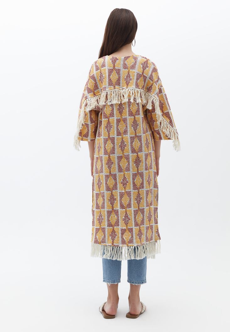Women Mixed Tassled Cardigan with Slit Detail