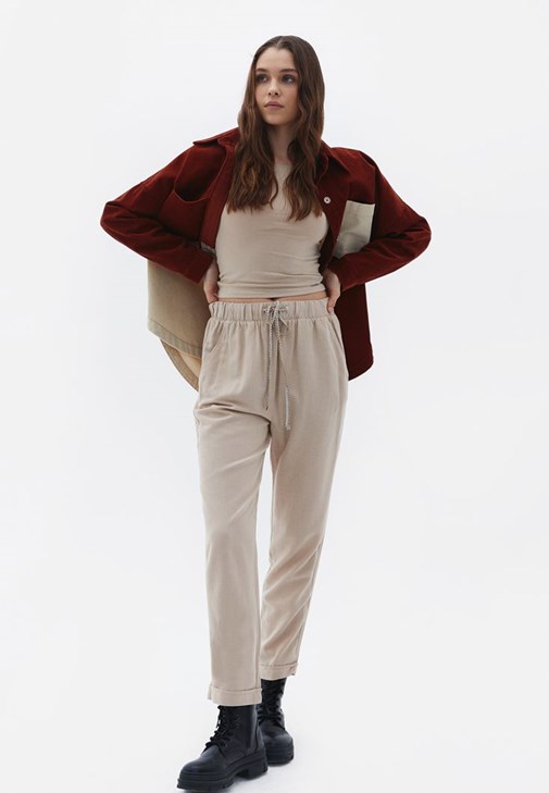 Beige Carrot Fit Pants with Drawstring 