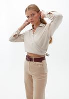 Women Beige Tie Up Crop Shirt