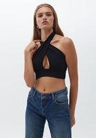 Women Black Crop Singlet with Back Decollete