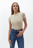 Women Beige Cotton Crew Neck Tshirt