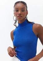 Women Blue High Collar Knitwear Singlet