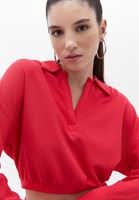 Bayan Pembe Polo Yaka Crop Tişört