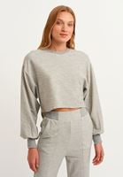 Bayan Gri Balon Kollu Crop Sweatshirt