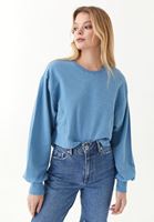 Women Blue Crew Neck Sweatshirt with Puff Sleeves