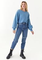 Women Blue Crew Neck Sweatshirt with Puff Sleeves