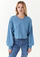 Women Blue Crew Neck Sweatshirt with Puff Sleeves