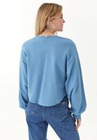 Women Blue Crew Neck Sweatshirt with Puff Sleeves