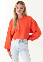 Women Orange Crew Neck Sweatshirt with Puff Sleeves