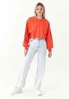 Women Orange Crew Neck Sweatshirt with Puff Sleeves