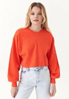 Women Orange Crew Neck Sweatshirt with Puff Sleeves