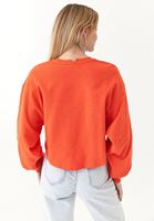 Women Orange Crew Neck Sweatshirt with Puff Sleeves