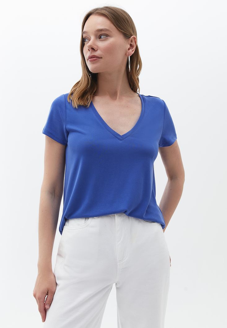 Women Blue Soft Touch V-neck Tshirt