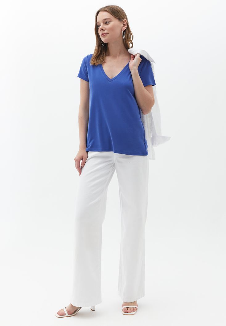 Women Blue Soft Touch V-neck Tshirt