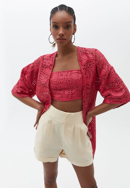 Dantelli Kimono ve Şort Kombini