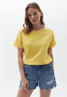 Women Yellow Cotton Boat Neck Tshirt