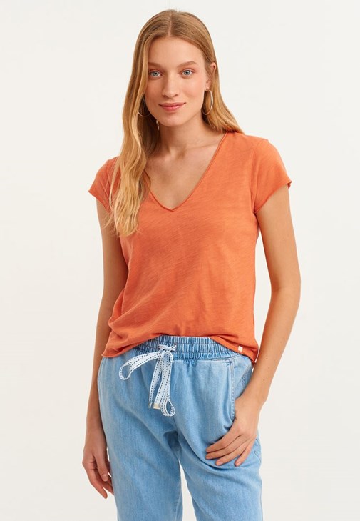 Orange V Neck Short Sleeve Tshirt 