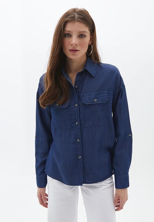 Blue Denim Shirt with Pocket Detail Online Shopping | OXXOSHOP