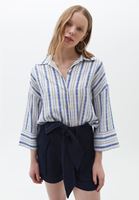 Bayan Çok Renkli Çizgili Oversize Keten Gömlek
