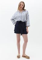 Bayan Çok Renkli Çizgili Oversize Keten Gömlek