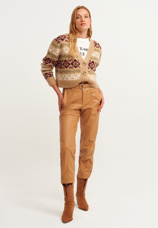 Brown Belt Detailed Leather Trousers 