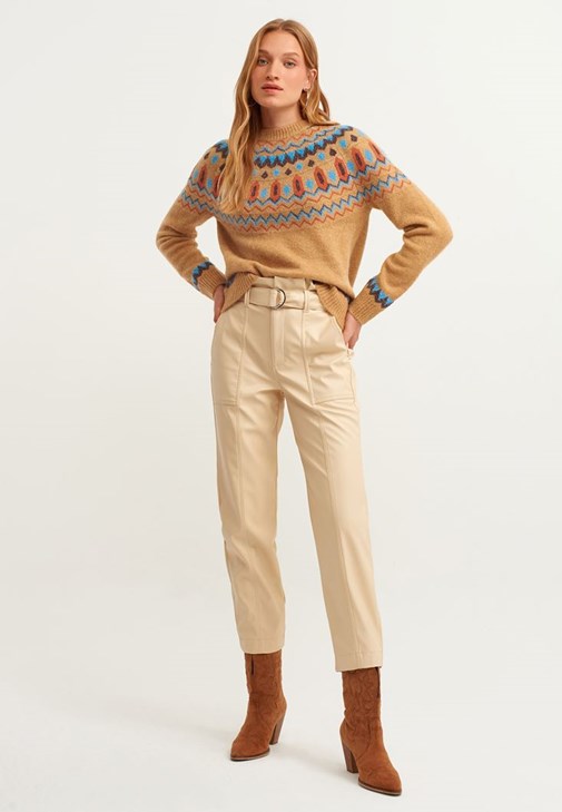 Beige Belt Detailed Leather Trousers 
