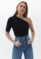 Women Black Short Sleeve Knitwear with Single Shoulder Detail